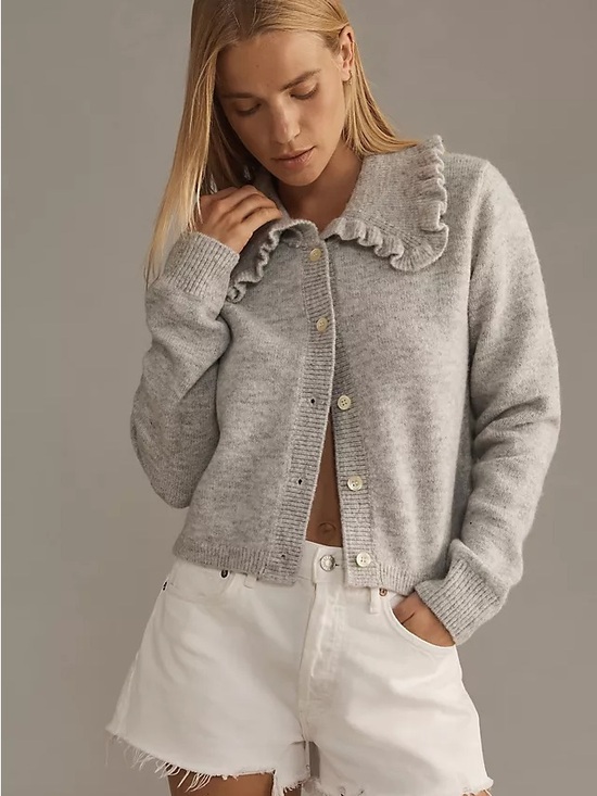 Mable Sweaters - Mable Ruffled Collar Light Gray Button-Up Cardigan NWT | Back to School